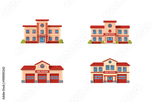Fire station icons in cartoon style. Set of fire station building in different shape and color