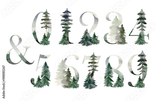 Vector watercolor forest numbers for invitation card, poster and other.