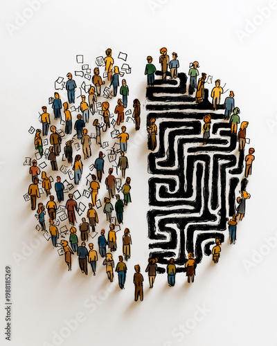 Pie Chart of Societal Division: A conceptual image illustrating society, showing a pie chart split into a labyrinth and people, symbolizing complex systems and community structures.