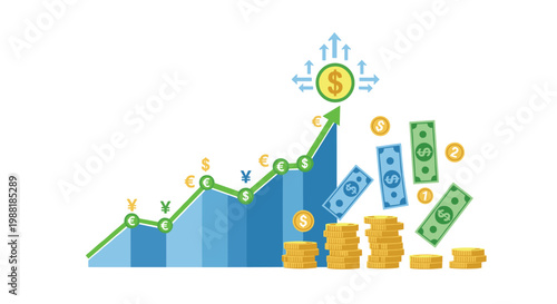 A dynamic financial growth chart features a rising green arrow and blue bars accompanied by falling banknotes and multiple stacks of shiny gold coins.