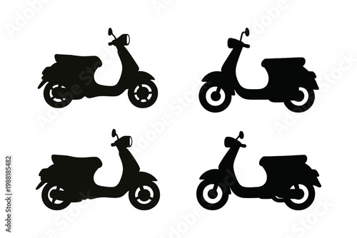 Black scooter icons collection in cartoon style. Set of moped bike illustration in different shape isolated
