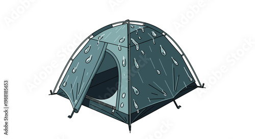 A sturdy dark teal dome tent stands resiliently against the elements with large translucent raindrops clinging to its waterproof outer fabric surface in soft light.