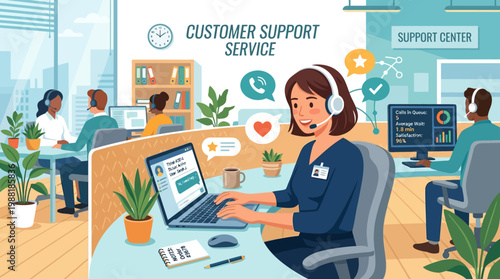 Woman Wearing Headset at Desk.