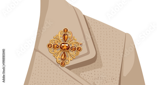A sophisticated gold filigree brooch set with warm amber gemstones rests perfectly on the textured lapel of a stylish beige coat in soft lighting.
