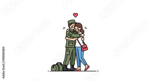 A soldier dressed in a green camouflage uniform shares a tearful and emotional embrace with a young woman against a clean and minimal white background.