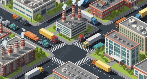 Isometric Cityscape with Factories and Traffic.