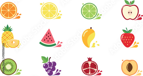 Colorful flat fruit splash icon set with citrus tropical and berry illustrations for juice branding menu and packaging design