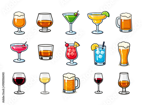 Cocktail icons collection in cartoon style. Set of drinks illustrations in different shape and color