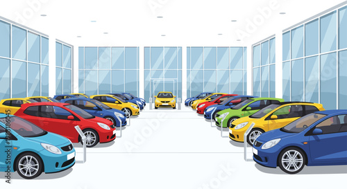 Colorful compact hatchback cars are parked in neat rows inside a bright glass-walled dealership featuring a clean white floor and expansive city views.