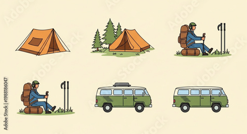 Camping and Hiking Adventure Icons Set.