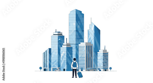 Lone traveler with a backpack and rolling suitcase stands before a monochromatic blue cluster of towering skyscrapers under a bright and clear thin sky.