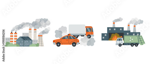 Set of air pollution sources including factories, cars and waste processing. Flat illustration showing main contributors to environmental pollution and climate change.
