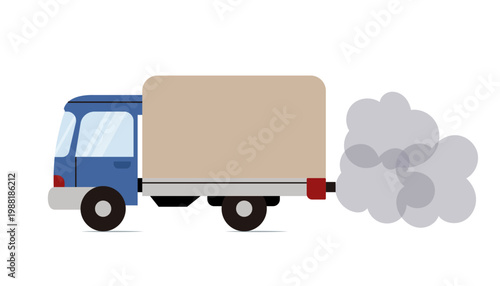 Delivery truck emitting exhaust smoke. Represents transport pollution, logistics impact on environment and air contamination.