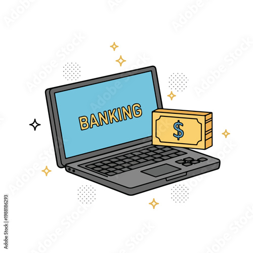 ノートパソコンに「BANKING」の文字が表示され、その隣に金貨が置かれている。オンラインバンキングや金融サービスに関連するコンセプトを表現している。デジタル金融やテクノロジーに関する資料に適している
