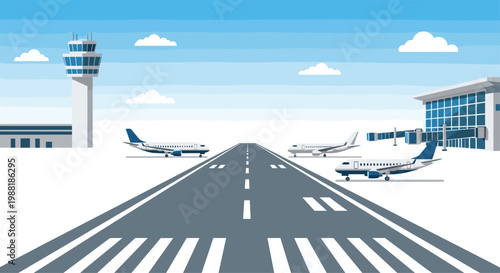 A vast airport runway stretches toward the horizon under a clear blue sky with several commercial airplanes parked near the modern terminal building site.