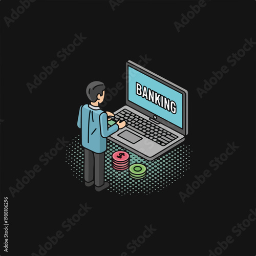 男性がコンピューターの前でオンラインバンキングを利用している。金融管理やデジタル決済のコンセプト。銀行取引やテクノロジーに関する記事に役立つ