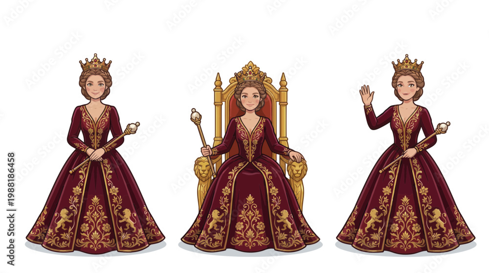 Fototapeta premium Queen on throne and standing in regal attire with scepter