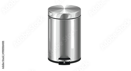 A cylindrical stainless steel trash can with a tightly closed lid and a prominent black foot pedal stands in a clean and sterile professional environment.