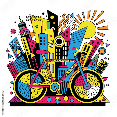 自転車が色鮮やかな都市の背景に描かれている。現代的なアートスタイルで、都市生活やサイクリングの楽しさを表現している