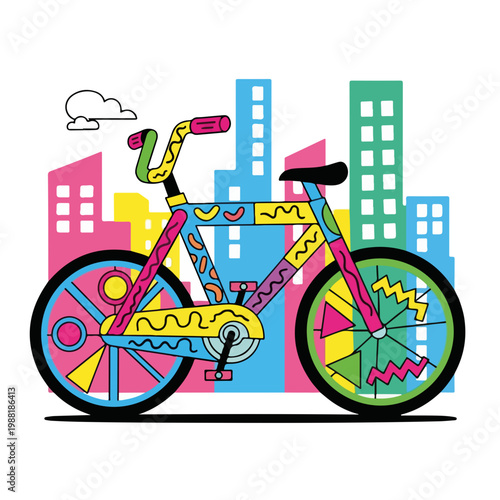 カラフルな自転車が都市の背景に描かれている。ユニークなデザインが特徴で、モダンな街の雰囲気を表現している。アートやデザインに関連するプロジェクトに役立つ