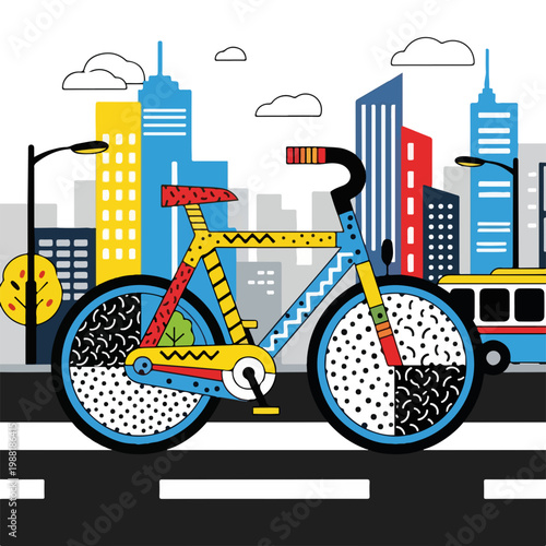 色鮮やかな自転車が都市の背景にある。ストリートアートや都市生活、エコフレンドリーな移動手段の概念に役立つ