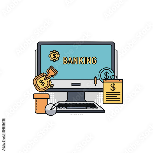 コンピュータの画面に「BANKING」と表示されている。オンラインバンキングのコンセプトで、金融や投資に関連するテーマを示している。現代のビジネス環境に役立つ内容