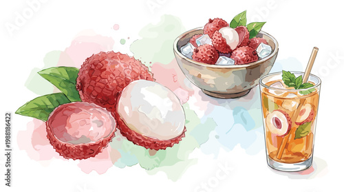 Lychee tropical fruit watercolor set with iced drink and fruit bowl.
