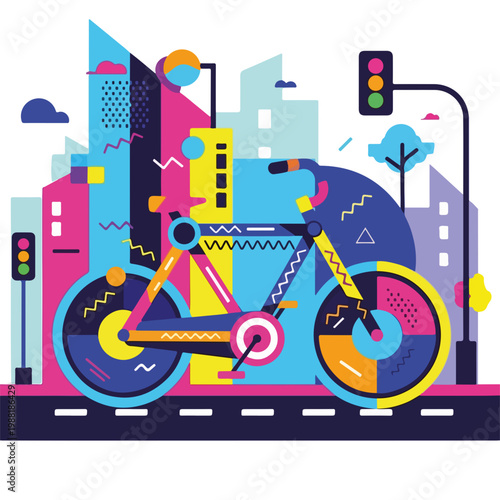 カラフルな自転車が都会の背景に描かれている。交通信号や建物が見え、持続可能な移動手段や都市生活を表現している。現代的なアート作品として利用可能