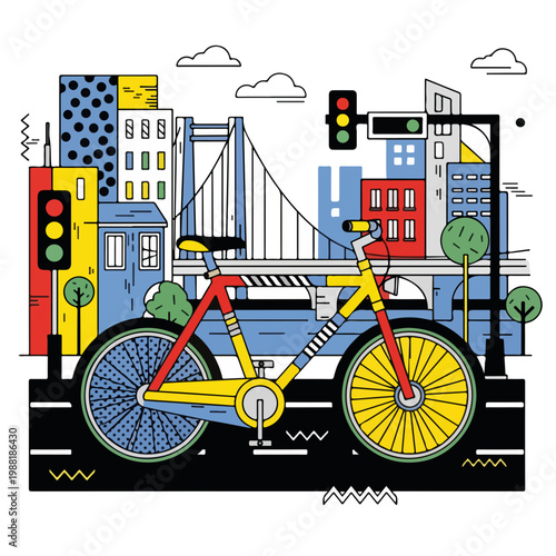 自転車が都市の風景に置かれている。モダンなビルと信号機が背景にあり、都市のライフスタイルや交通手段を表現している