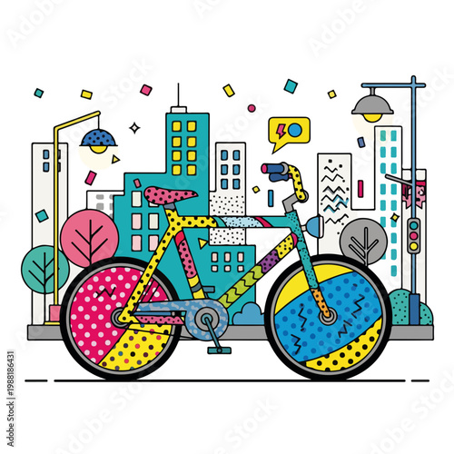 カラフルな自転車が都市の風景の中に描かれている。街の背景にはビルや街灯が見え、現代のライフスタイルを表現している。都会の交通手段やアートコンセプトに役立つ