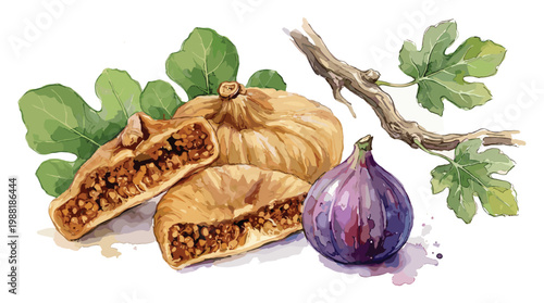 Dried figs watercolor illustration with purple fresh fruit and leaves.
