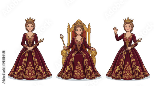Queen on throne and standing in regal attire with scepter
