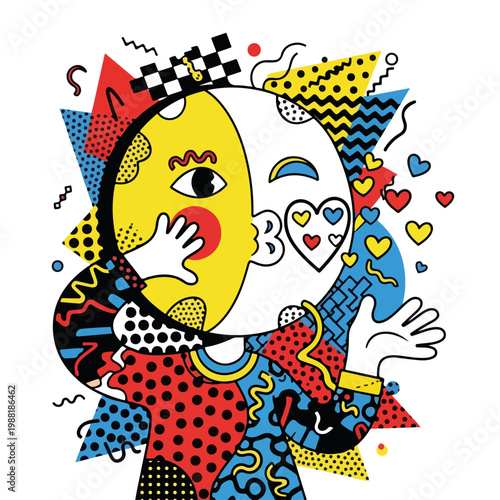 色とりどりのスタイリッシュなキャラクターがさまざまな模様の背景の前で手をあげている。ポップアートスタイルで表現された愛情や感情の概念。現代のアートやデザインに関連する内容