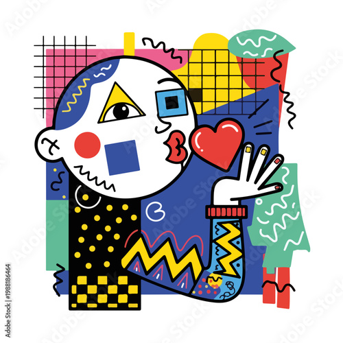 抽象的なイラストで、カラーの背景に囲まれたキャラクターがハートを持ち、愛を表現している。アートやデザインのテーマのための素材として活用できる