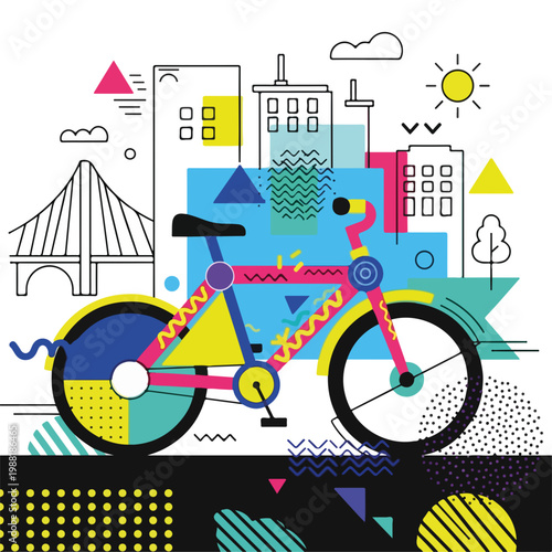 色とりどりの自転車が都市の風景の前に描かれている。自転車の文化や環境意識、レジャー活動のコンセプトを表現している
