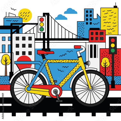 自転車が都市の風景の前に置かれている。カラフルなビルや交通信号が見え、現代的な街並みを表現している。都市生活や交通手段のテーマに関連する画像