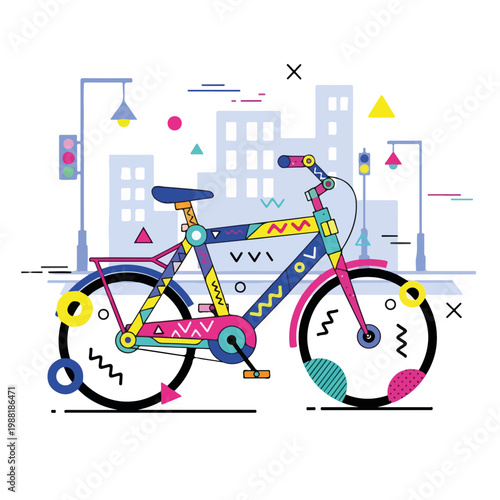 派手なデザインの自転車が街の背景に置かれている。モダンな都市風景やアートに関連するコンセプト。デザインやライフスタイルに関するプロジェクトに役立つ