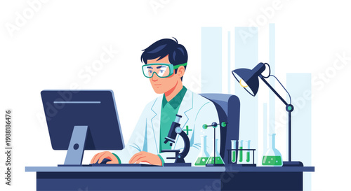 A focused male scientist wearing protective safety goggles and a crisp white lab coat works diligently at a computer in a modern and clean laboratory.
