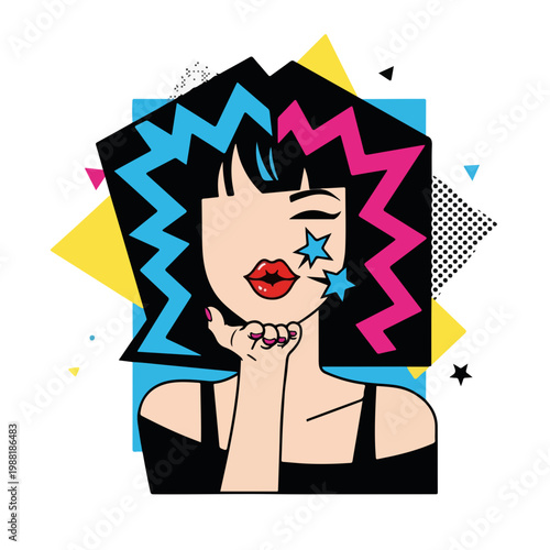 女性が唇に手を当ててウインクしている。ポップアートスタイルで描かれたこのイラストは、ファッションやビジュアルアート、自己表現のテーマにも役立つ