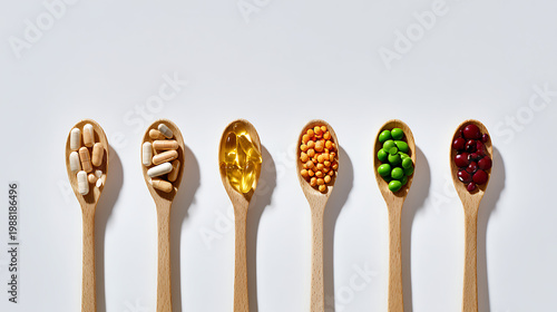 Seven wooden spoons with various legumes and grains on a clean white studio background