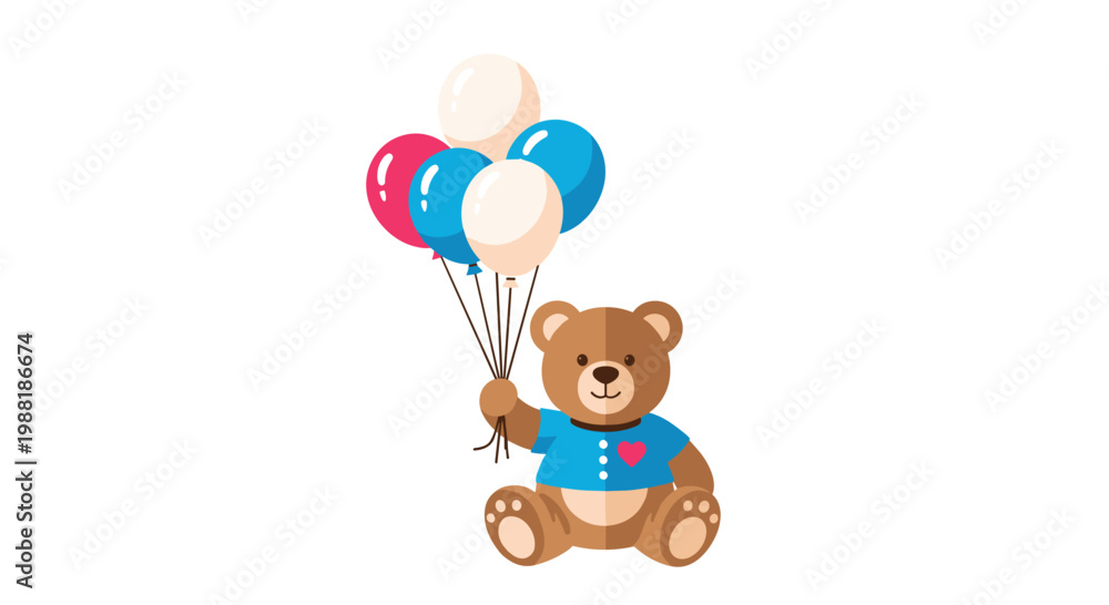 Obraz premium A charming brown teddy bear wearing a blue shirt with a pink heart holds a vibrant cluster of colorful balloons against a pristine white background.