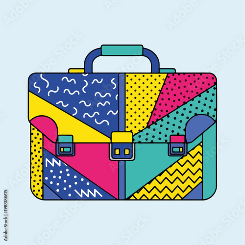 カラフルな模様のブリーフケースが描かれている。ビジネスに便利なアイテムであり、クリエイティブなデザインや個性を表現する道具として使える