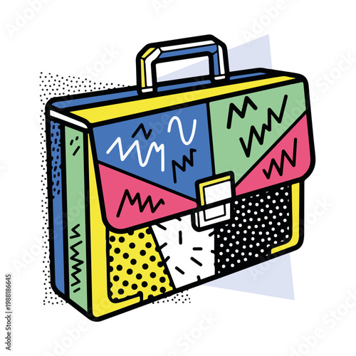カラフルなデザインのビジネスバッグが描かれている。このバッグは仕事やビジネスの場面で使用されることを示唆している。今時の職場スタイルやクリエイティブな表現にぴったりのコンセプト