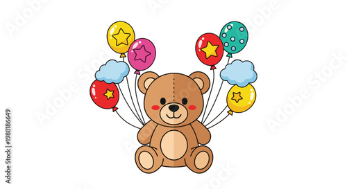 Adorable brown teddy bear sitting happily while holding a bunch of colorful star-patterned balloons and fluffy blue clouds against a white background.
