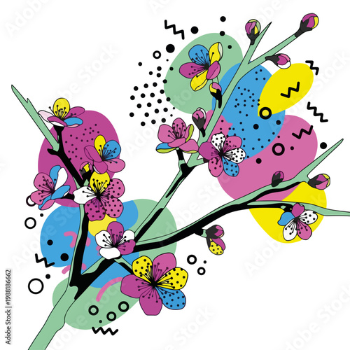 カラフルな花が描かれたイラスト。春の訪れや自然の美しさを表現している。デザインやアート作品に適したビジュアル