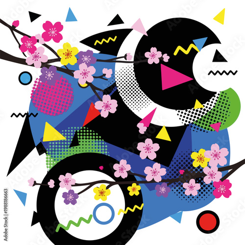 抽象的なデザインに桜の花が描かれている。色と形が融合した個性的なスタイルで、春や自然のテーマを表現している。アートやデザインプロジェクトに活用できる素材