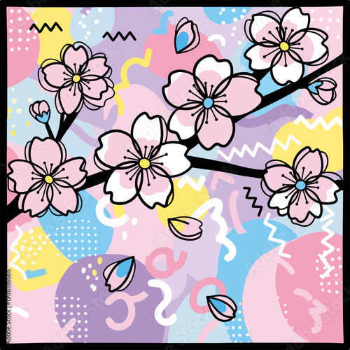 桜の花が色とりどりの背景に描かれている。春の訪れを感じさせるアート作品で、華やかな色彩が印象的である。春のテーマやフラワーデザインに適したビジュアル