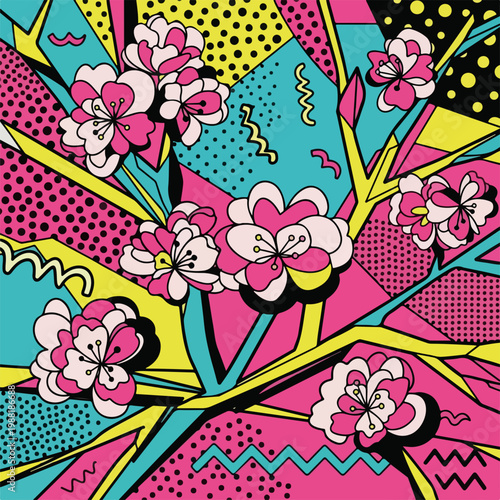 カラフルな背景に咲く華やかな花々のイラスト。ポップアートスタイルのデザインで、明るい色合いと幾何学模様が印象的。アートやファッションのプロジェクトに役立つ