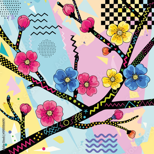 鮮やかな花が咲く枝がカラフルな背景に描かれている。アートやデザインプロジェクトに最適な素材。現代的なグラフィックデザインのインスピレーションに役立つ