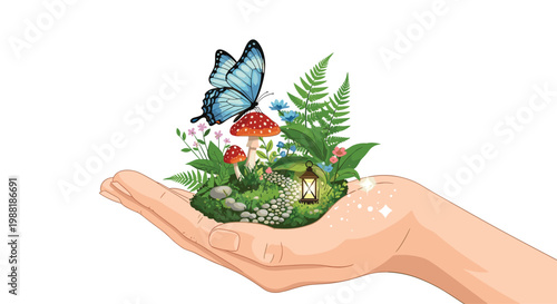 A gentle human hand carefully cradles a miniature magical forest ecosystem featuring red spotted mushrooms and a glowing lantern under a blue butterfly.